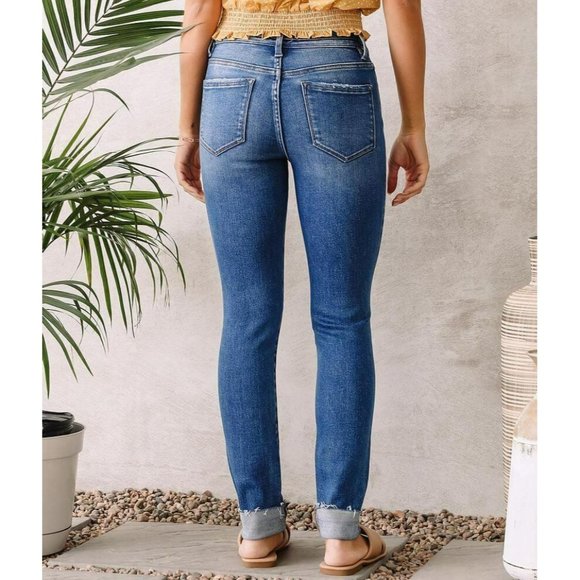 Flying Monkey Women's Blue Denim Distressed Mid-Rise Cuffed Ankle Skinny Jeans - Picture 11 of 12